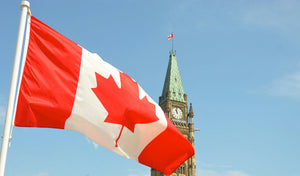 A Canadian flag flies in front of the parliament buildings. If we all buy Canadian, we can make our economy strong!