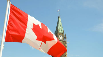 A Canadian flag flies in front of the parliament buildings. If we all buy Canadian, we can make our economy strong!