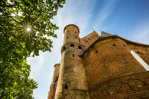 Cardiff castle seen from a low angle, with sun shining through green leafy trees. 