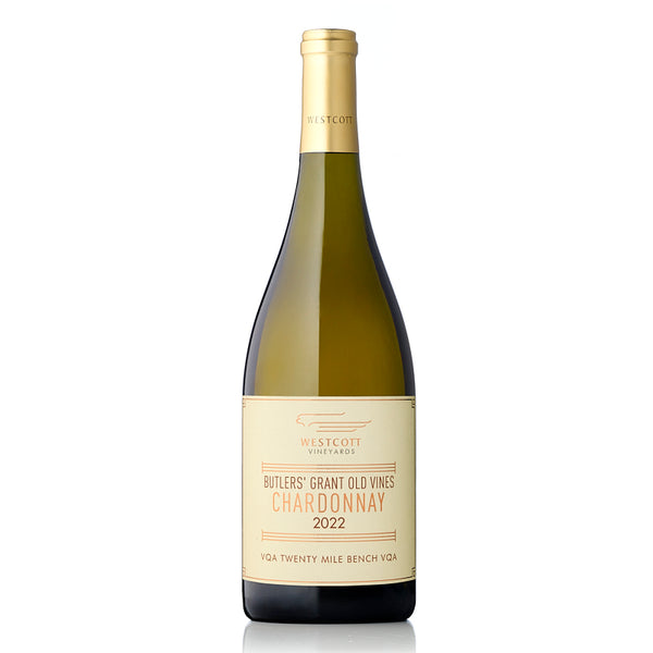 A bottle of 2022  Butler's Grant Old Vines Chardonnay, a Westcott Chardonnay exclusive to wine club members.